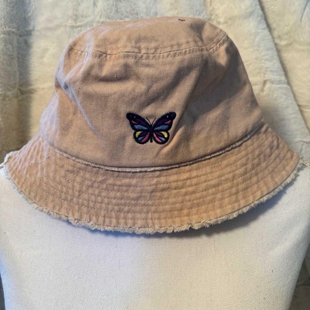David and Young Khaki colored Bucket Hat. Has a Butterfly on the front New